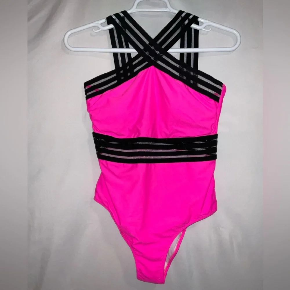 NWT Women’s Tempt‎ Me Neon Pink & Black One Piece Crossover Swimsuit - Large